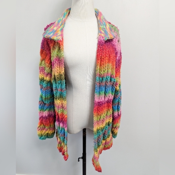 Handknit Gradient Rainbow Knit Open Chunky Cardigan Sweater - Picture 2 of 12